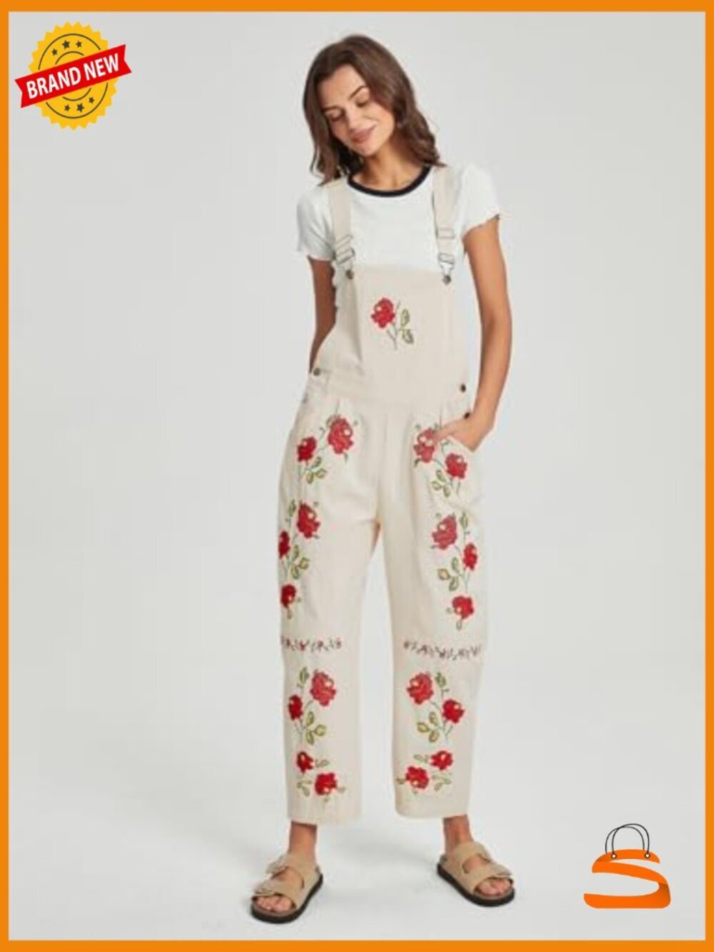 Loose Fit Floral Embroidered Denim Bib Jumpsuit Barrel Pants Overalls with - Picture 6 of 7